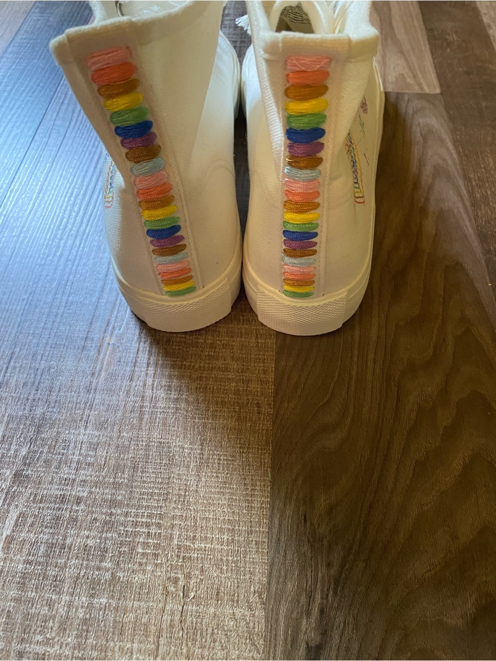 American Eagle Outfitters White High-Top Sneakers with Rainbow Eyelets - Picture 3 of 5